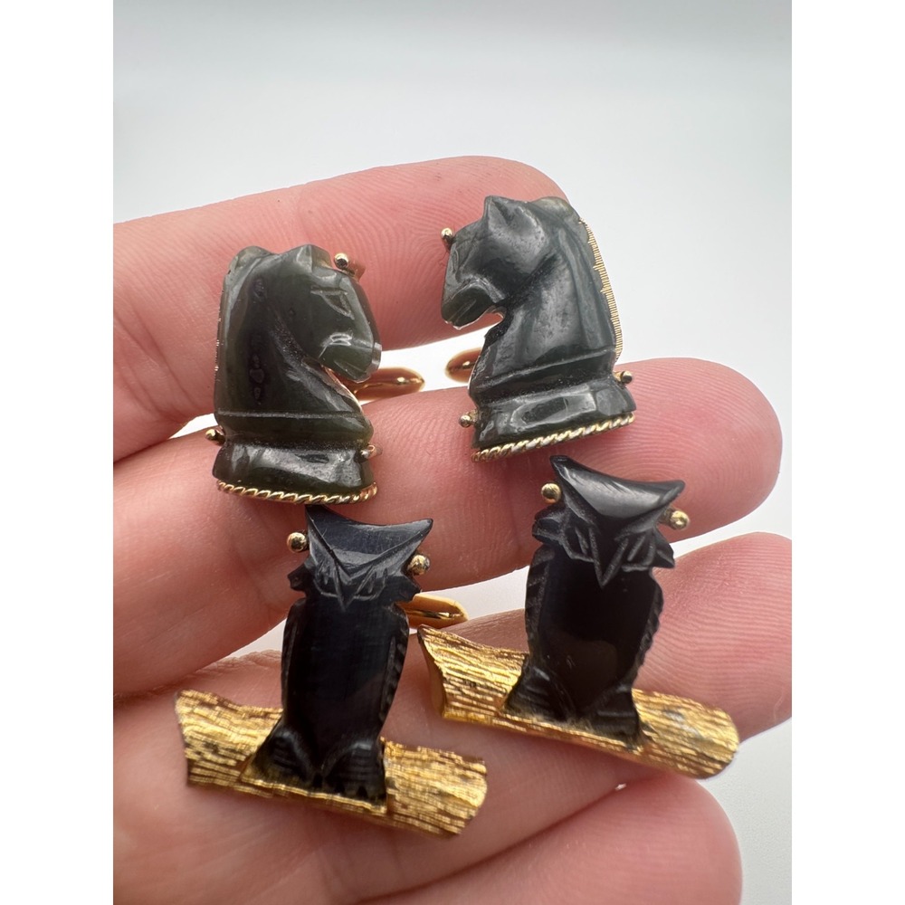 Vintage Cufflinks Lot 2 Pairs Swank Black Owl Green Chess Knight Figural